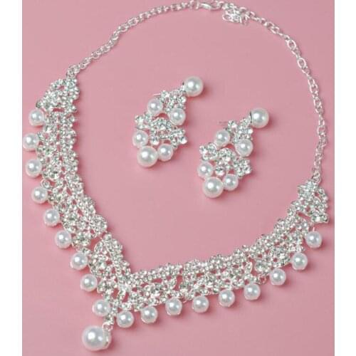 Women Faux Pearl Rhinestone Pendant Necklace Earrings Crown Tiara Jewelry Set