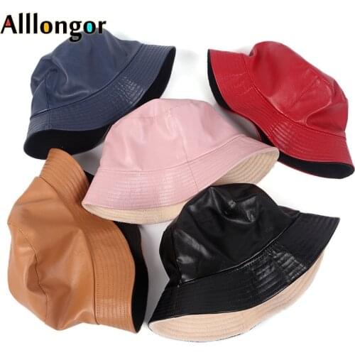 Fashion 2020 Leather Winter Black Bucket Hats Men Solid Flat Fishing hat chapeu bucket Women Caps Hip Hop harajuku panama