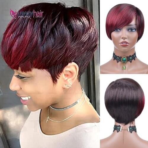 Pixie Cut Human Hair Wigs for Black Women Brazilian Remy Straight Hair Full Machine Made Wig With Bangs