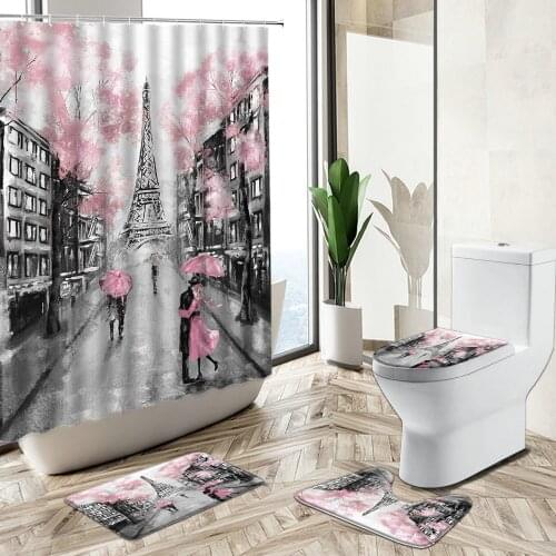 Retro Paris Street View Shower Curtain Romantic Flower Tower Couple Bathroom Decor Non-Slip Rug Toilet Lid Cover Bath Mat Set