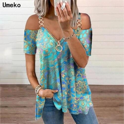 Umeko Women Summer Fashion Plus Size Flowers Sling Off-shoulder Sleeves Zip Front Top Casual T-shirt Metal Ring Decoration Loose
