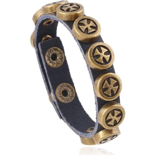 Punk Vintage Cow Leather Bracelets Bronze Alloy Cross Genuine Leather Wrap Bracelets For Men Women Jewelry Wholesale