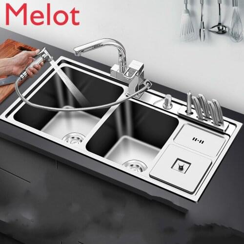 High-End Luxury 304 Stainless Steel Three through with Dustbin Multi-Functional Washbase Thickening Double Set Kitchen Sink
