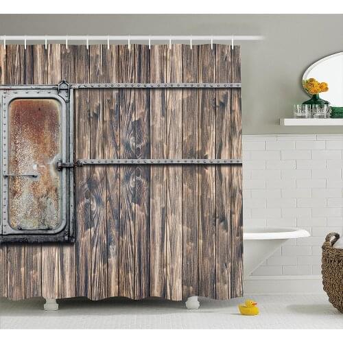 Rustic Shower Curtain Nautical Wooden Tree Planks with Old Little Rusty Boat Marine Life Door Print Waterproof Bath Curtains