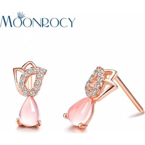 MOONROCY Rose Gold Color Cubic Zirconia Ross Quartz Cute Tulips Flower Pink Opal CZ Earrings for Women Girls Drop Shipping