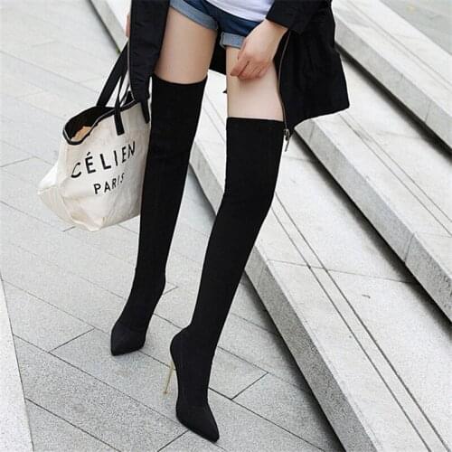 2020 Winter Sexy Over The Knee Women Boots Stretch Fabrics High Heel Slip on Shoes Pointed Toe Woman Long Boots Size 34-43