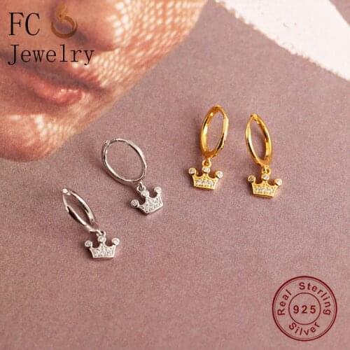 FC Jewelry 925 Silver Princess Golden Crown Pendant Zirconia Hoop Earring For Women Pendientes Birthday Boucle 2020 NEW