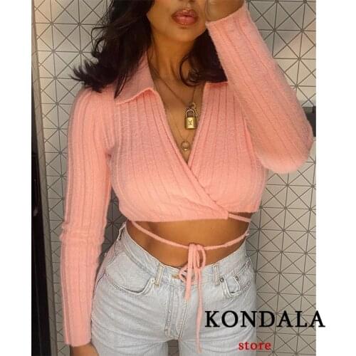 KONDALA Za 2021 Fashion Womens Pink Sweater England Knit Double-Breasted Short Coat Long Sleeve Chic Cardigan Tops