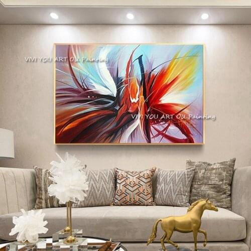 100% Handpainted Color Red Blue Yellow Pink Black Firework Oil Painting Wall Art Picture for Livingroom Bedroom Home Decor