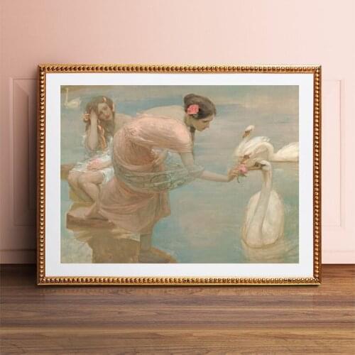 Antique Elegant Beautiful Woman and Swans Oil Painting Prints On Canvas Abstract Lovely Ladies Poster for Living Room Home Decor