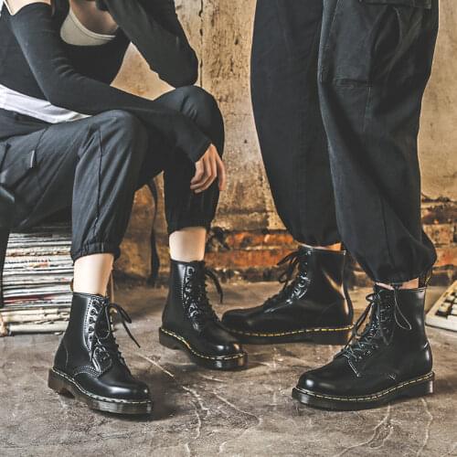 Black Martins Leather Boots Mens Casual Shoes Motorcycle Boots Couple Fashion Unisex Boots Women Winter Warm Plush Snow Shoes