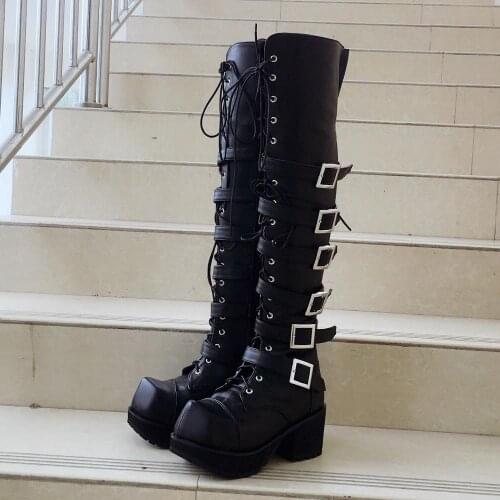 8cm High Platform Japanese Style Black Over-the-knee Boots Buckle Strape Women Pole Dancing Boots Side Zip