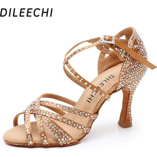 DILEECHI Latin dance shoes women shoes Salsa shoes Sandals Ballroom Dancing shoes Tango shoes woman Satin Shining rhinestones