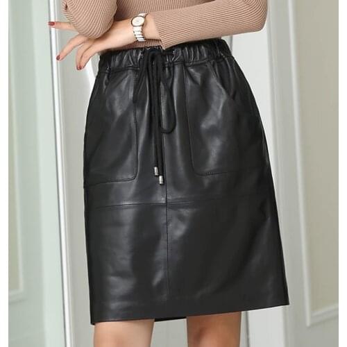 Long Skirt Natural Sheepskin Genuine Leather 2020 Fashion Female Design A Real Slim Hip Belt Skirt