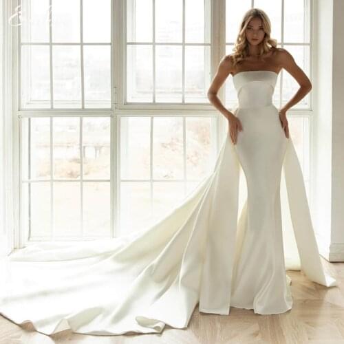 EVALOVE Charming Strapless Zipper Up Bride Mermaid Wedding Dress Gorgeous Satin Detachable Train Custom-Made Vintage Bridal Gown