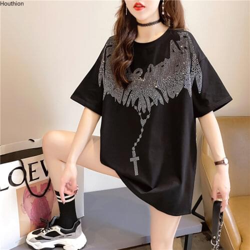 Houthion Cotton Womens T-shirt Diamond Loose Short Sleeve Tshirt Plus Size Top New Korean Fashion Tops Casual O-neck T Shirt