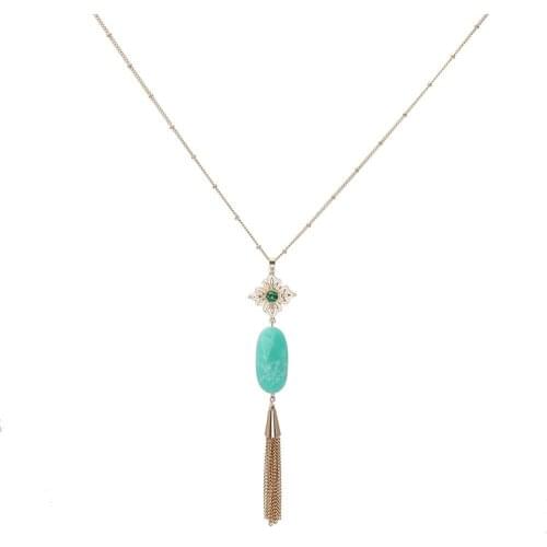 Tassel Necklace Long Fringed Chain Statement Geometric Oval Nature Stone Pendant