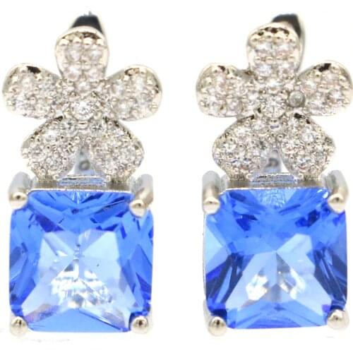 17x9mm Beautiful Flowers Square Gemstone Created Aquamarine Violet Tanzanite CZ For Sister Silver Earrings