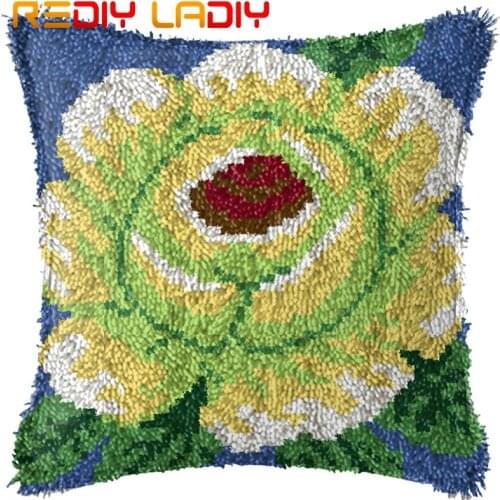 Latch Hook Cushion Cream Flowers Pre-Printed Canvas Cushion Cover Acrylic Yarn Crochet Pillow Case Set Hobby & Crafts Home Decor