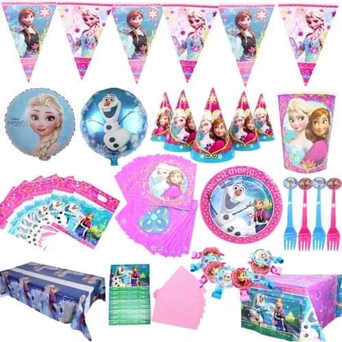 Frozen Party Supplies Elsa and Anna Balloons Kids Birthday Party Disposable Tableware Plate Cup Flag kids Party Decorations Gift