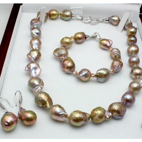 Free shipping hot sell new - Set of 13-18 mm nature baroque pearl necklace 18inch bracelet 7.5-8 inch earring