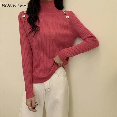 Pullovers Women Turtleneck Pink Solid Buttons Tops Korean Style Office Lady Leisure Slim Fit Soft Streetwear Young Cute Elegant