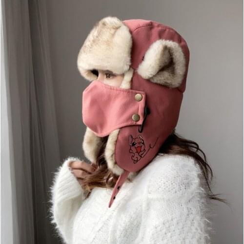 Russian Hat Thick Warm Women Winter Earflap Trapper Snow Ski Cap Female Mask Ushanka Fur Hat Women Bomber Hat Embroidered Dog