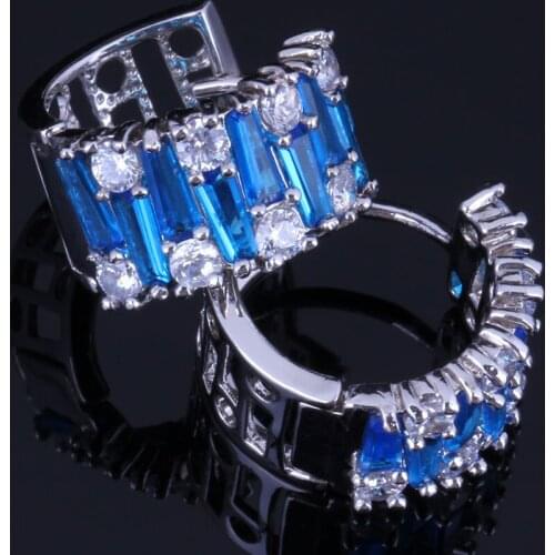 Candy Blue Cubic Zirconia White CZ Silver Plated Clip Hoop Huggie Earrings V1049