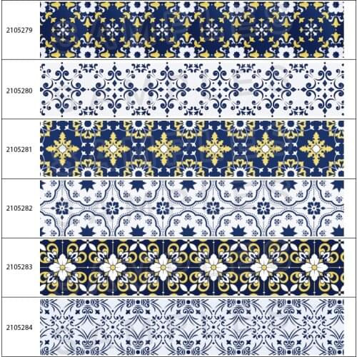 Blue and White Porcelain Pattern Heat Transfer Printing Ribbon DIY Hair Accessories Bow Decoration 10 Yards