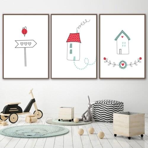 Nordic Prints Home Decoration Cartooon House Tree Canvas Painting Watercolour Creative Poster Wall Art Pictures For Living Room
