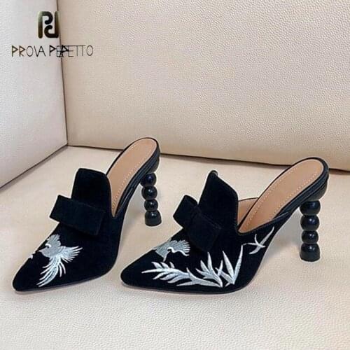 Retro embroidered pointed toe high-heeled slippers summer Chinese style thick heel strange heel mid-heel Muller shoes women