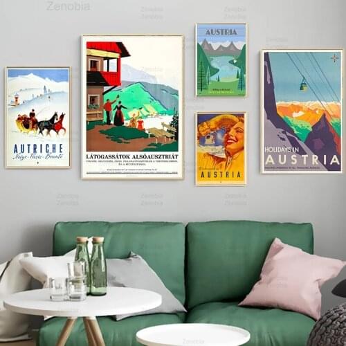 Ski In Austria Country Cable Car Vintage Travel Posters Canvas Painting Kraft Hd Prints Coated Wall Sticker Home Decoration Gift