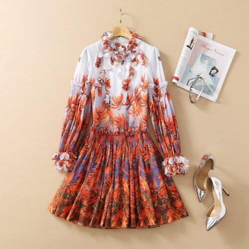 Womens European and American clothing 2021 The new spring Long-sleeved petal stand collar print Fashion pleated dress