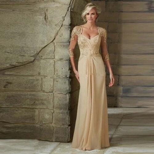 Champagne Mother Of The Bride Dresses A-line V-neck 3/4 Sleeves Chiffon Appliques Beaded Long Groom Mother Dresses For Wedding