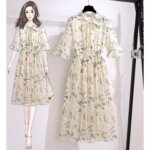 2021 Summer Fashion Women Half Sleeve Bow Collar Chiffon Floral Dress Slimming Waist Loose Casual Vestidos 4XL Plus Size