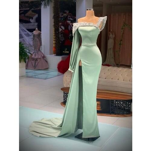 Robe De Soiree One Shoulder Prom Dresses Long Sleeve Mermaid Side Split Satin Formal Dubai Middle East Evening Party Gown 2021