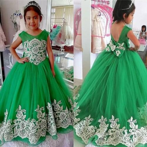 2021 Emerald Green Flower Girl Dresses For Wedding Big Bow Ivory Flowers Lace Cap Sleeve First Holy Communion Graduation Birthda
