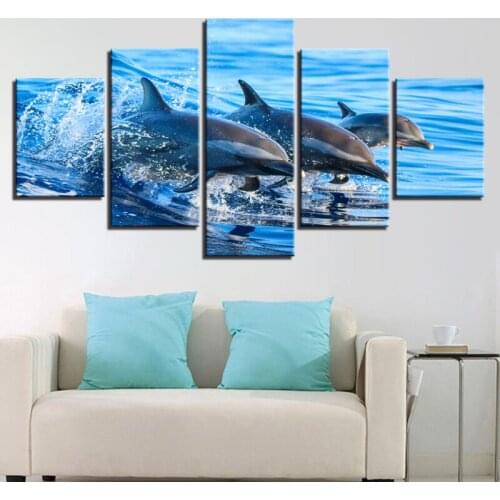 Marine Animal Hd Photography Art Wall Painting Jumping Dolphin 5Pcs Home Decoration Frameless Canvas Print Poster