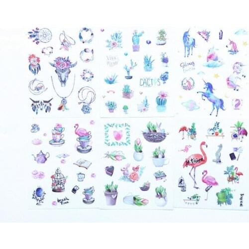 6 pcs/pack Solitary Unicorn Flamingo Cactus Decorative Stickers Scrapbooking Stick Label Diary Stationery Album Stickers