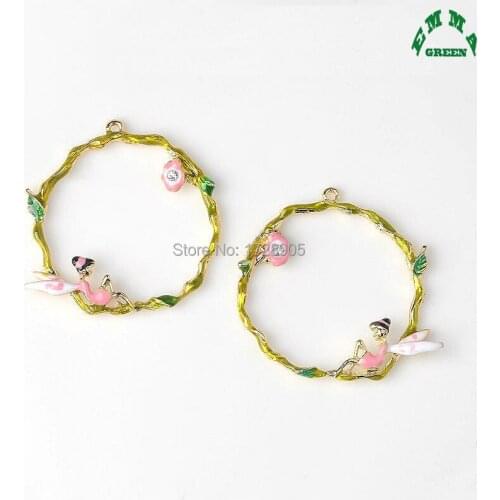 Angel Fairy with gold Garland Circle 10pcs Cartoon Lovely pink Enamel Charm Big 39mm for Earring DIY Fashion Jewelry Accessories