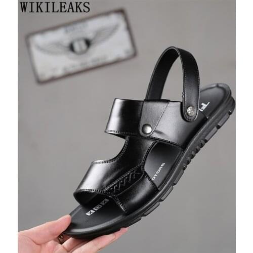 Brand Mens Slippers Outdoor Fashion Beach Slippers Designer Slides Men Summer Shoes Genuine Leather Slippers Men Big Size 48