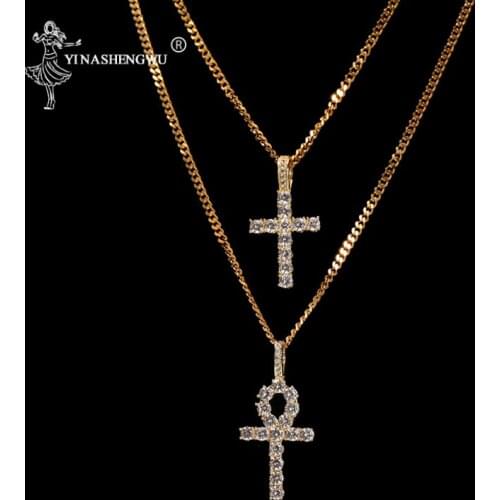 Ankh Cross Necklace Set Gold Color Copper Material Bling CZ Key To Life Egypt Hip Hop Jewelry For Men Gifts Colgante Hombre