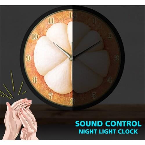 Tropical Botanical Mangkut Sound Control Wall Clock Fruit Slice Mangosteen Metal Frame Round Timepiece Kitchen Smart Night Light