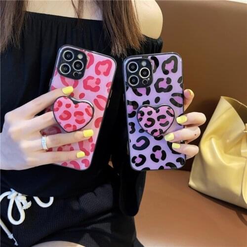 INS Korean Purple Pink Leopard Print Love Heart Bracket Soft Phone Case For IPhone X XR XS 12 11 Pro Max 8 7 Plus Epoxy Cover