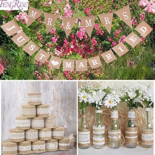 FENGRISE 2M Natural Jute Burlap Ribbon Rustic Wedding Decoration Vintage Twine lace Jute Rope DIY Wedding & Event Party Supplies