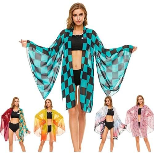 Anime Demon Slayer Kimetsu No Yaiba Bikini Swimsuit Cosplay Kamado Tanjirou Swimsuit Suit Transparent Kimono Cardigan Cloak