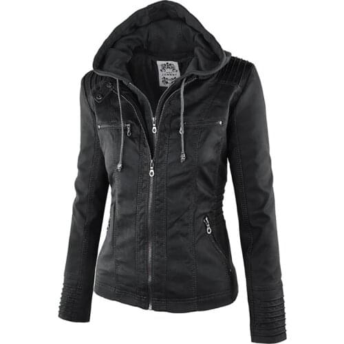 2020 Fashion Winter Faux Leather Jacket Womens Basic Jackets Hooded Black Slim Motorcycle Jacket Women Coats Female XS-7XL 50