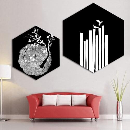 Minimalism Hexagon Pictures Black And White Stump Painting Wall Art Canvas Prints Bird Tree Nordic Poster Home Decor Living Room