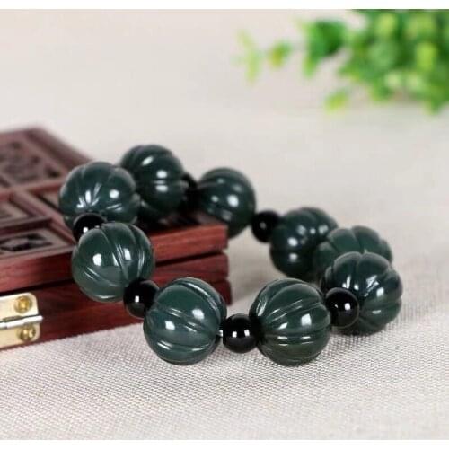 Natural Hetian Jade Luck Bracelet 16mm Pumpkin Beads Charm Jewellery Fashion Accessories Hand-Carved Man Woman Amulet Gifts New