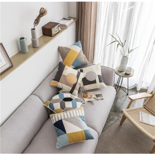 Yellow Grey Blue Embroidery Pillow Cover Brown Geometric Cushion Cover Home Decorative PillowCase Pillow Sham 45cmx45